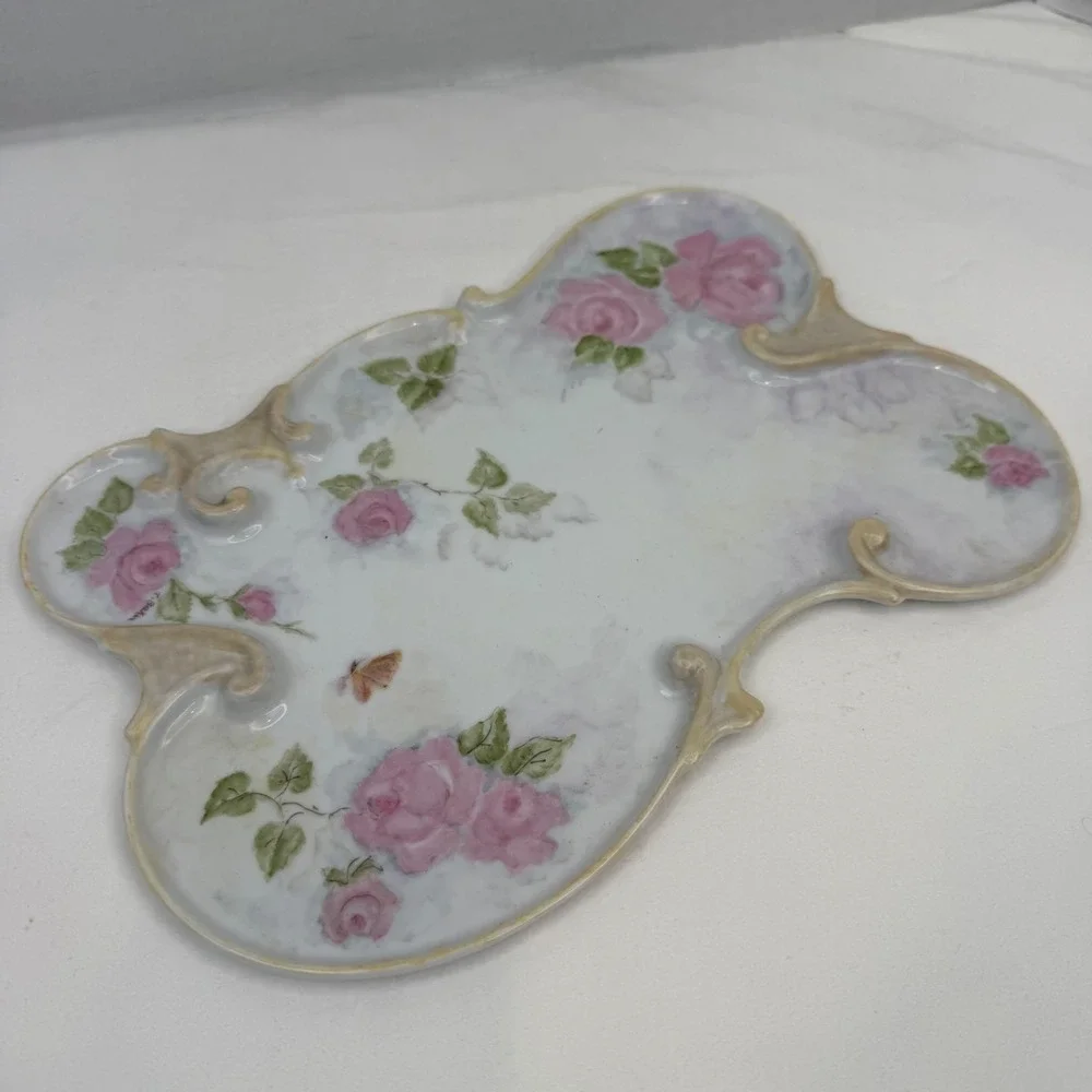 Antique Hand Painted Porcelain Vanity Tray Pink Roses Signed T Baker Butterfly